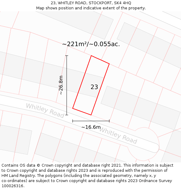 23, WHITLEY ROAD, STOCKPORT, SK4 4HQ: Plot and title map