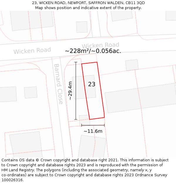 23, WICKEN ROAD, NEWPORT, SAFFRON WALDEN, CB11 3QD: Plot and title map