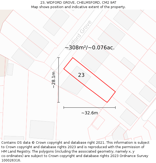 23, WIDFORD GROVE, CHELMSFORD, CM2 9AT: Plot and title map