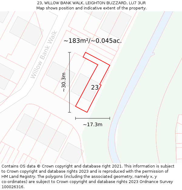 23, WILLOW BANK WALK, LEIGHTON BUZZARD, LU7 3UR: Plot and title map