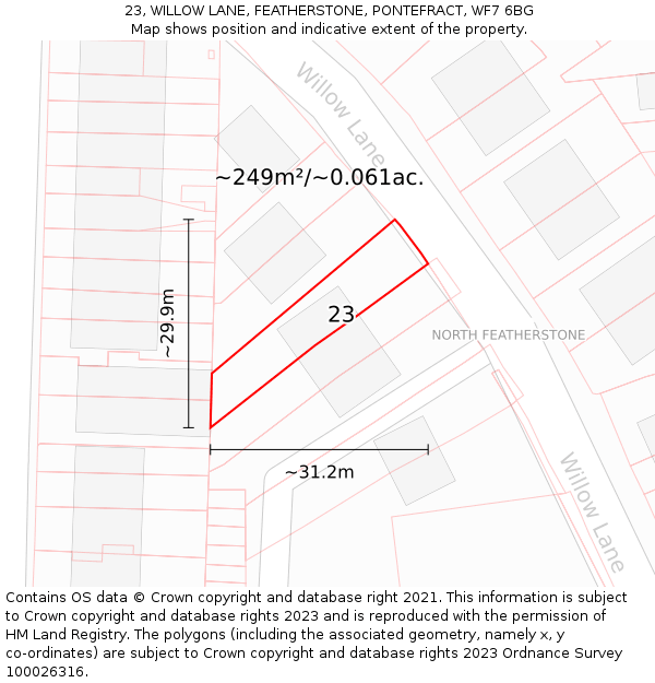 23, WILLOW LANE, FEATHERSTONE, PONTEFRACT, WF7 6BG: Plot and title map