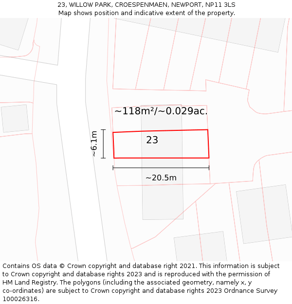 23, WILLOW PARK, CROESPENMAEN, NEWPORT, NP11 3LS: Plot and title map