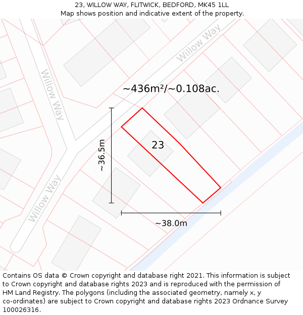 23, WILLOW WAY, FLITWICK, BEDFORD, MK45 1LL: Plot and title map