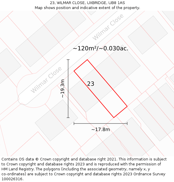 23, WILMAR CLOSE, UXBRIDGE, UB8 1AS: Plot and title map