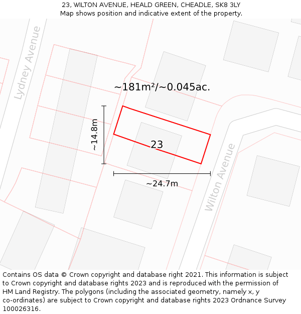 23, WILTON AVENUE, HEALD GREEN, CHEADLE, SK8 3LY: Plot and title map