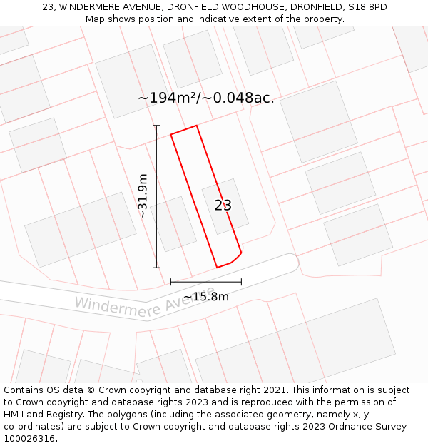 23, WINDERMERE AVENUE, DRONFIELD WOODHOUSE, DRONFIELD, S18 8PD: Plot and title map