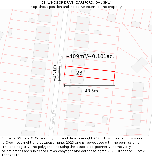 23, WINDSOR DRIVE, DARTFORD, DA1 3HW: Plot and title map