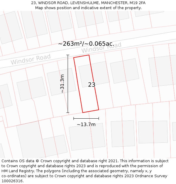 23, WINDSOR ROAD, LEVENSHULME, MANCHESTER, M19 2FA: Plot and title map