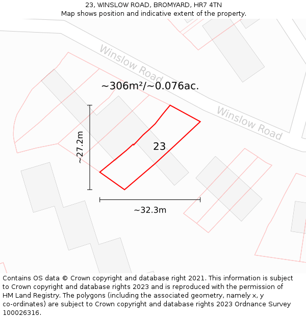 23, WINSLOW ROAD, BROMYARD, HR7 4TN: Plot and title map