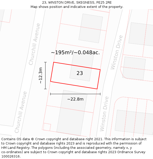 23, WINSTON DRIVE, SKEGNESS, PE25 2RE: Plot and title map