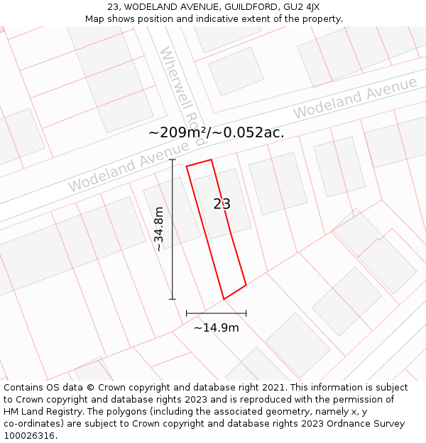 23, WODELAND AVENUE, GUILDFORD, GU2 4JX: Plot and title map