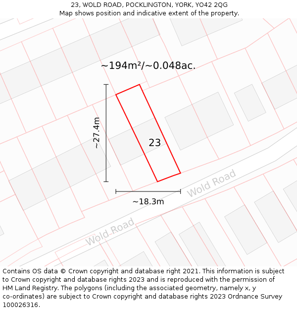 23, WOLD ROAD, POCKLINGTON, YORK, YO42 2QG: Plot and title map