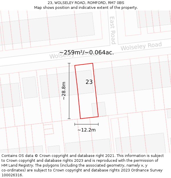 23, WOLSELEY ROAD, ROMFORD, RM7 0BS: Plot and title map