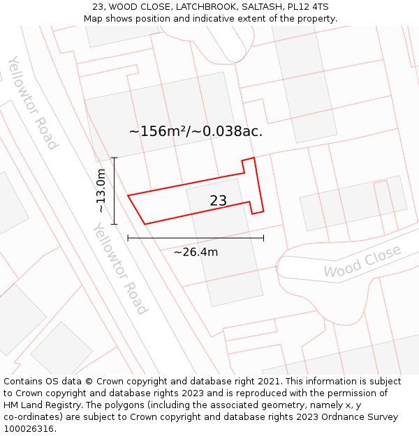 23, WOOD CLOSE, LATCHBROOK, SALTASH, PL12 4TS: Plot and title map