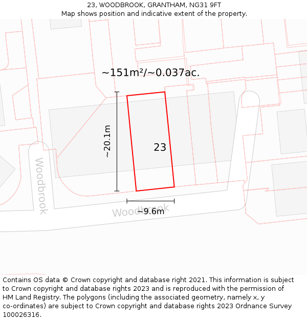 23, WOODBROOK, GRANTHAM, NG31 9FT: Plot and title map