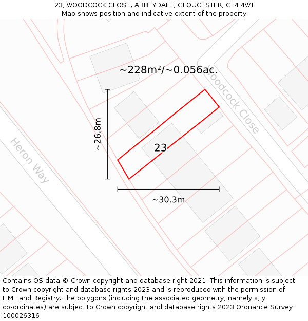 23, WOODCOCK CLOSE, ABBEYDALE, GLOUCESTER, GL4 4WT: Plot and title map