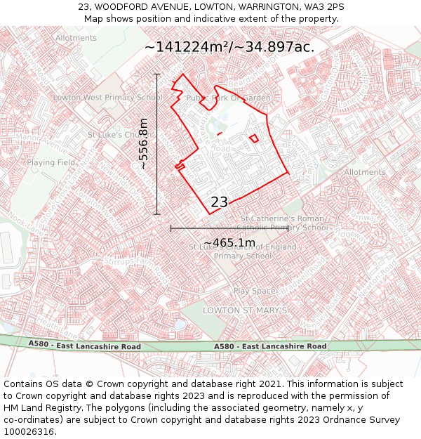 23, WOODFORD AVENUE, LOWTON, WARRINGTON, WA3 2PS: Plot and title map