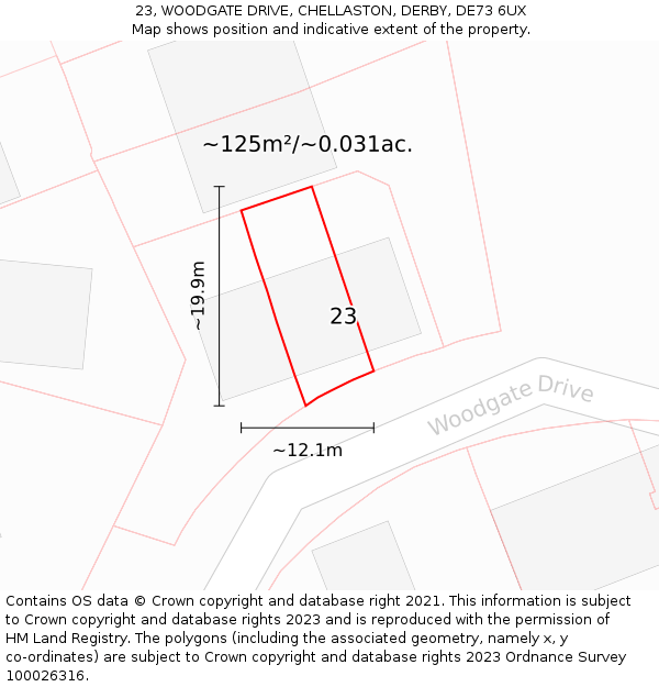 23, WOODGATE DRIVE, CHELLASTON, DERBY, DE73 6UX: Plot and title map