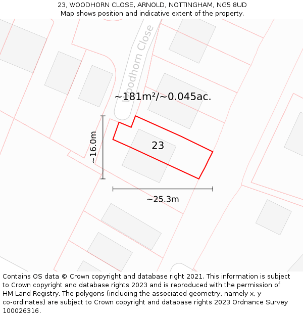 23, WOODHORN CLOSE, ARNOLD, NOTTINGHAM, NG5 8UD: Plot and title map