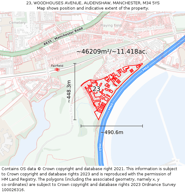 23, WOODHOUSES AVENUE, AUDENSHAW, MANCHESTER, M34 5YS: Plot and title map