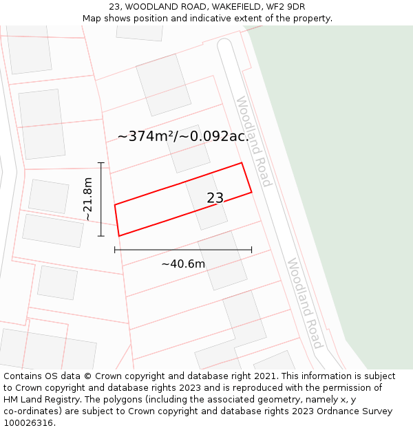 23, WOODLAND ROAD, WAKEFIELD, WF2 9DR: Plot and title map