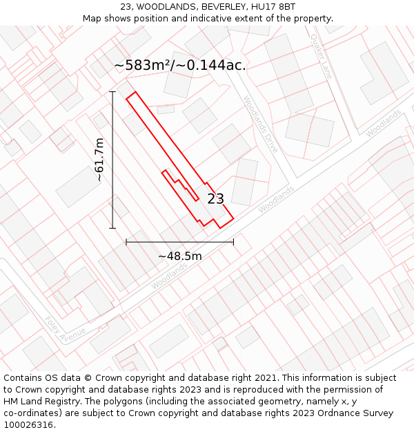 23, WOODLANDS, BEVERLEY, HU17 8BT: Plot and title map