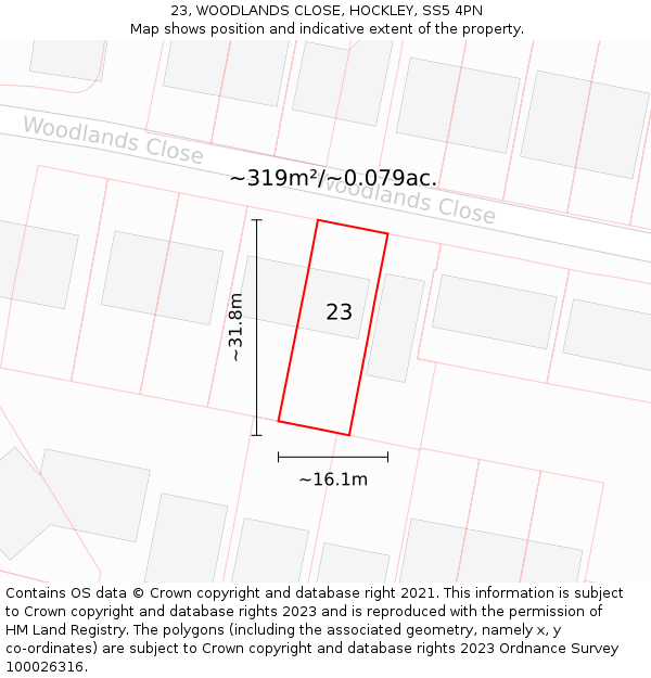 23, WOODLANDS CLOSE, HOCKLEY, SS5 4PN: Plot and title map