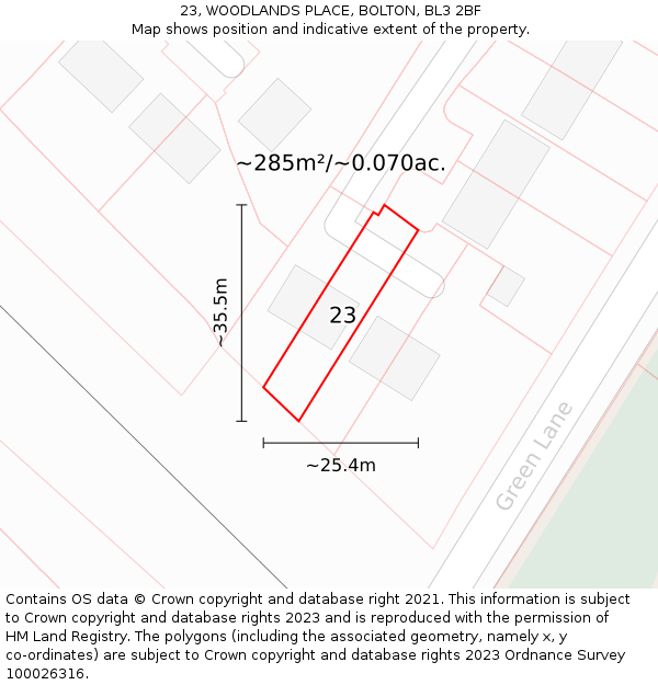 23, WOODLANDS PLACE, BOLTON, BL3 2BF: Plot and title map