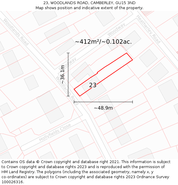 23, WOODLANDS ROAD, CAMBERLEY, GU15 3ND: Plot and title map