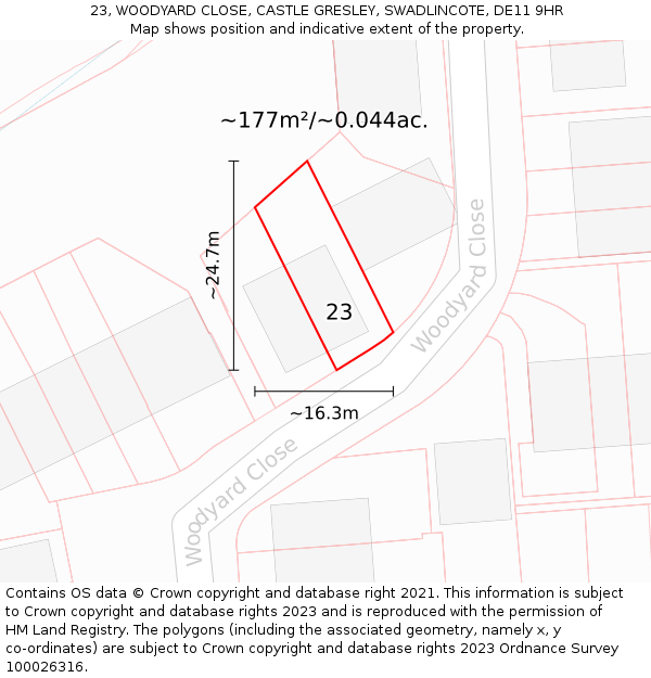 23, WOODYARD CLOSE, CASTLE GRESLEY, SWADLINCOTE, DE11 9HR: Plot and title map