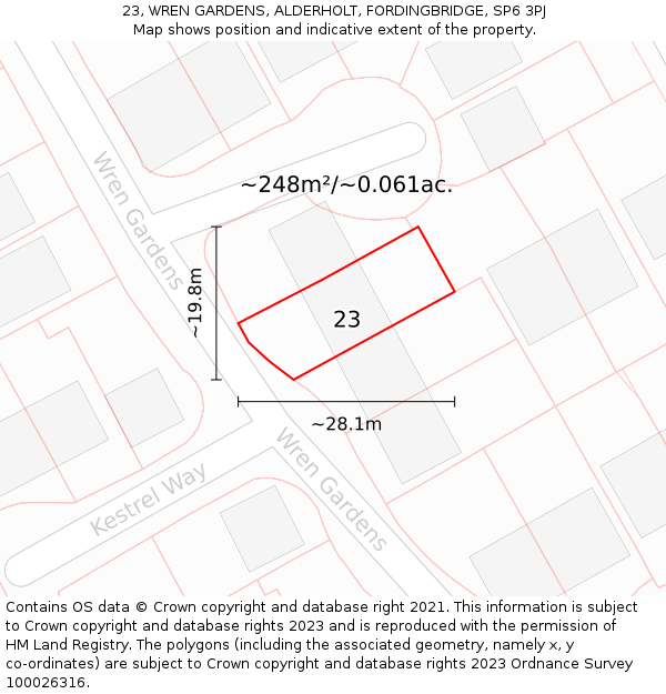 23, WREN GARDENS, ALDERHOLT, FORDINGBRIDGE, SP6 3PJ: Plot and title map