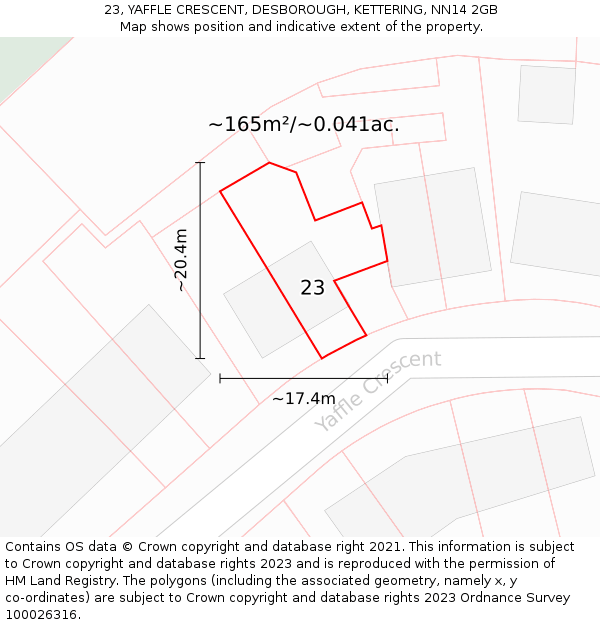 23, YAFFLE CRESCENT, DESBOROUGH, KETTERING, NN14 2GB: Plot and title map