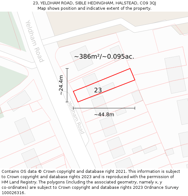 23, YELDHAM ROAD, SIBLE HEDINGHAM, HALSTEAD, CO9 3QJ: Plot and title map