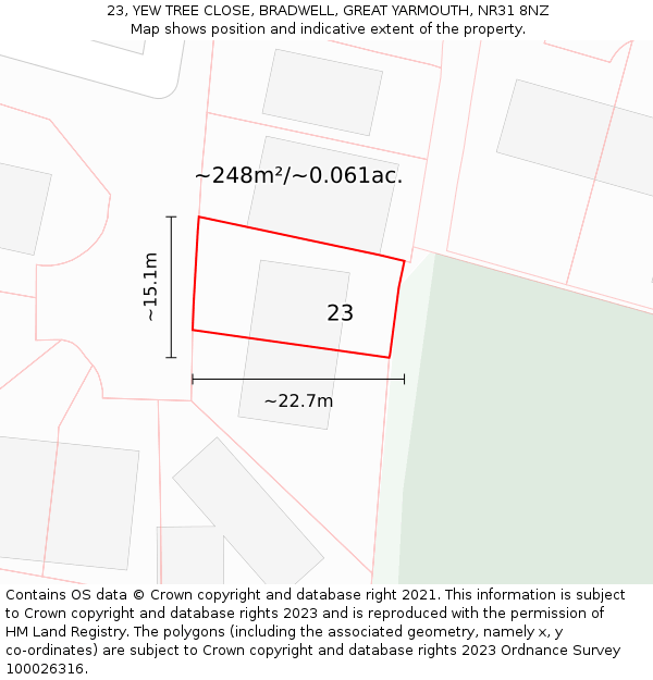 23, YEW TREE CLOSE, BRADWELL, GREAT YARMOUTH, NR31 8NZ: Plot and title map