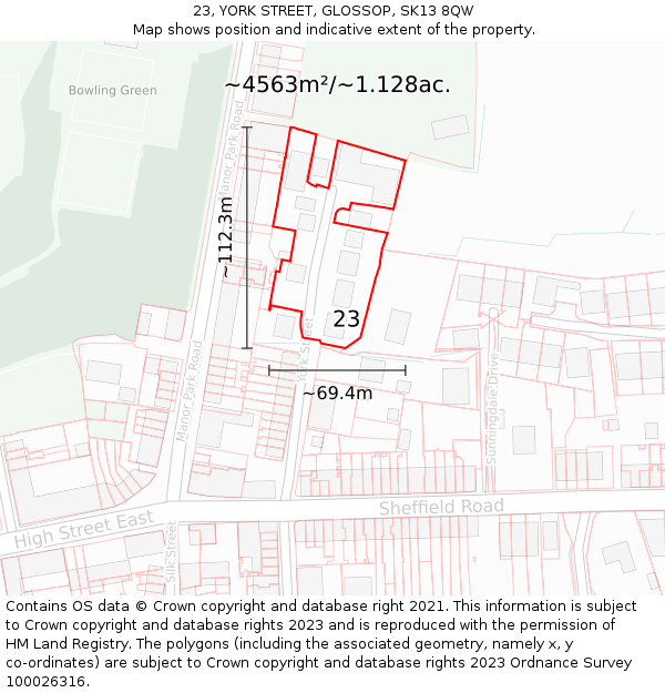 23, YORK STREET, GLOSSOP, SK13 8QW: Plot and title map