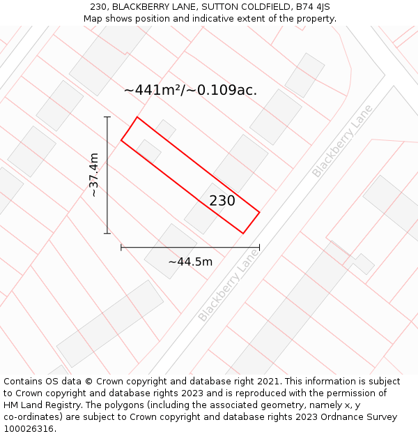 230, BLACKBERRY LANE, SUTTON COLDFIELD, B74 4JS: Plot and title map