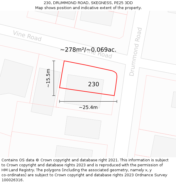 230, DRUMMOND ROAD, SKEGNESS, PE25 3DD: Plot and title map