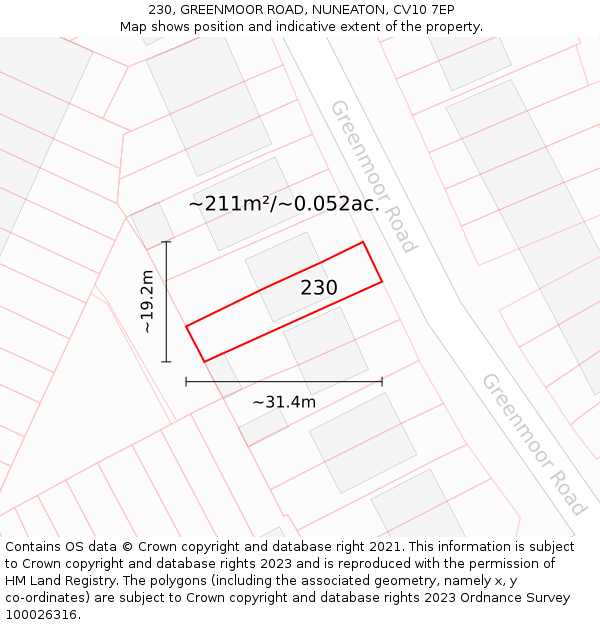 230, GREENMOOR ROAD, NUNEATON, CV10 7EP: Plot and title map