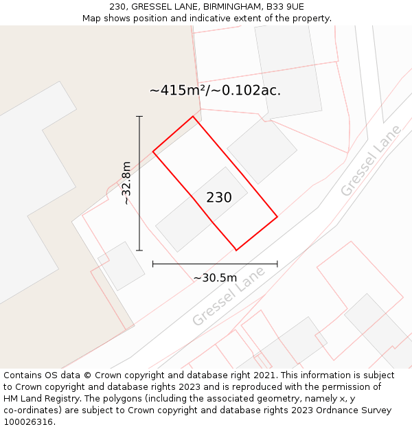 230, GRESSEL LANE, BIRMINGHAM, B33 9UE: Plot and title map