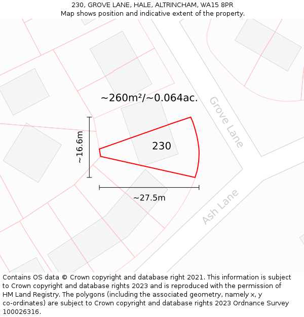 230, GROVE LANE, HALE, ALTRINCHAM, WA15 8PR: Plot and title map