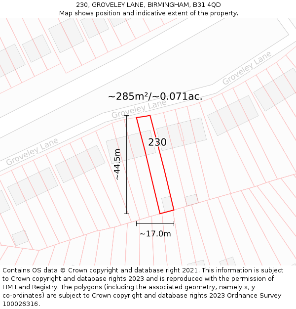 230, GROVELEY LANE, BIRMINGHAM, B31 4QD: Plot and title map