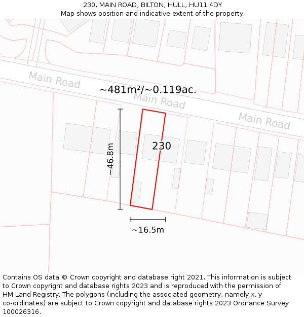 230, MAIN ROAD, BILTON, HULL, HU11 4DY: Plot and title map