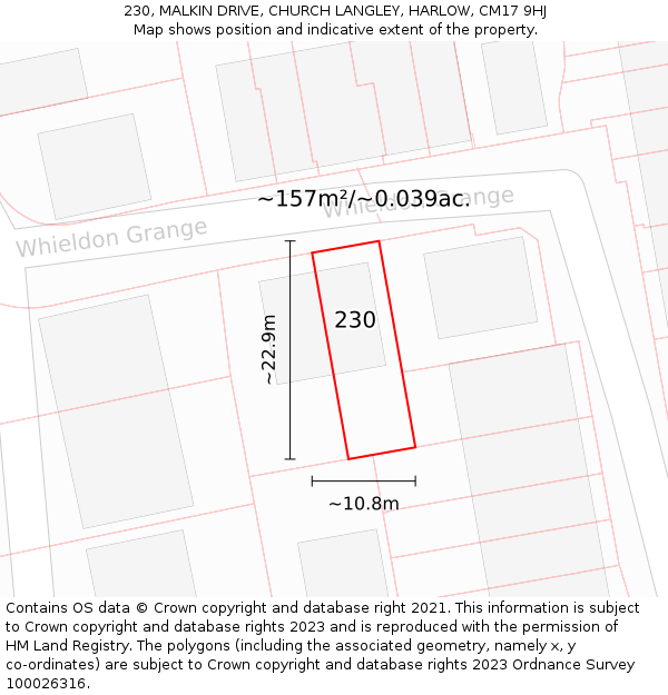 230, MALKIN DRIVE, CHURCH LANGLEY, HARLOW, CM17 9HJ: Plot and title map