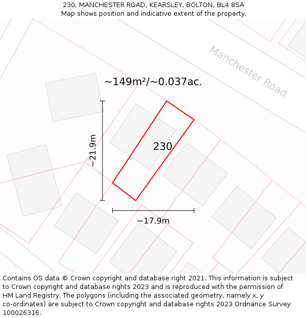 230, MANCHESTER ROAD, KEARSLEY, BOLTON, BL4 8SA: Plot and title map