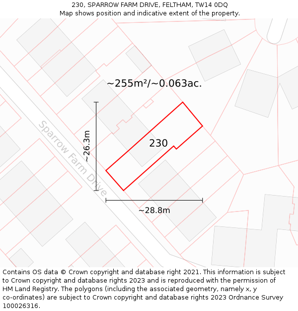 230, SPARROW FARM DRIVE, FELTHAM, TW14 0DQ: Plot and title map