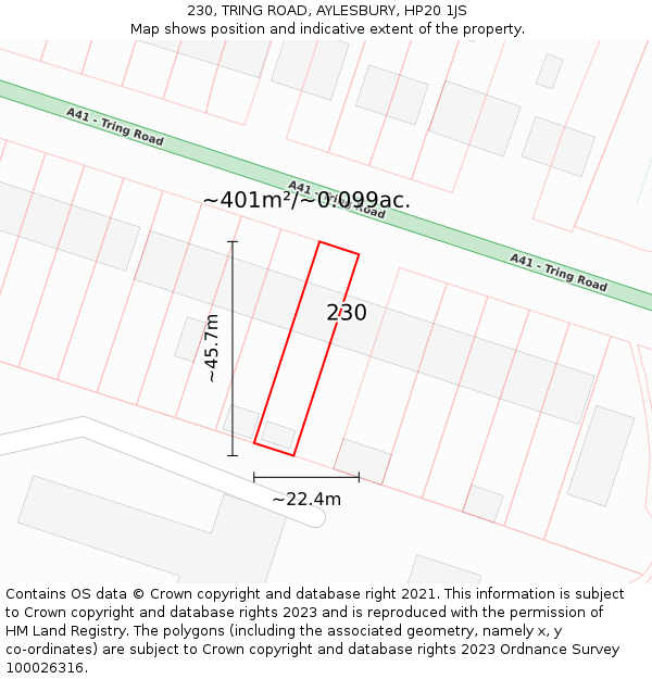 230, TRING ROAD, AYLESBURY, HP20 1JS: Plot and title map