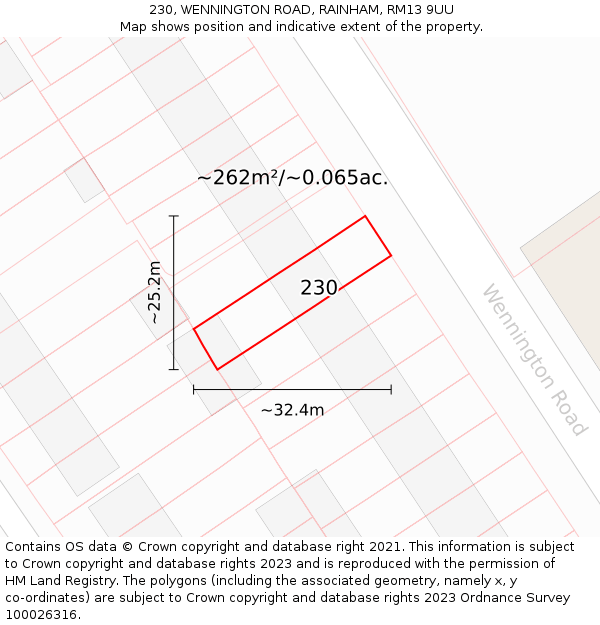 230, WENNINGTON ROAD, RAINHAM, RM13 9UU: Plot and title map
