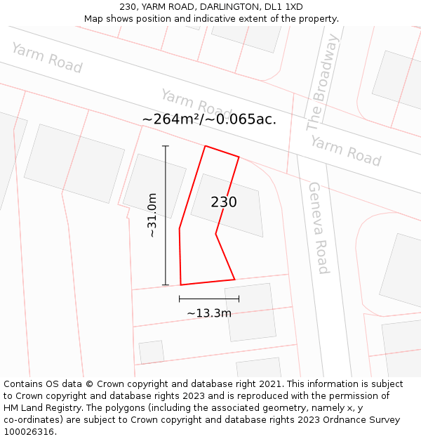 230, YARM ROAD, DARLINGTON, DL1 1XD: Plot and title map