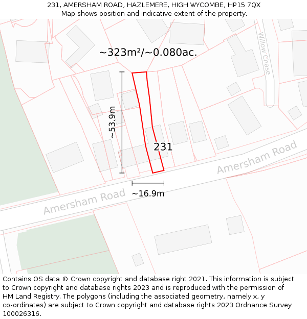 231, AMERSHAM ROAD, HAZLEMERE, HIGH WYCOMBE, HP15 7QX: Plot and title map