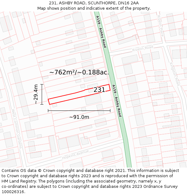 231, ASHBY ROAD, SCUNTHORPE, DN16 2AA: Plot and title map